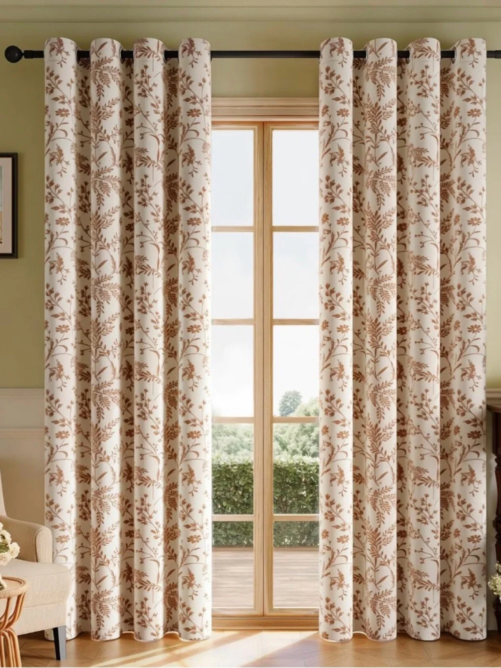 Floral Printed Grommet Curtains in Cream and Brown - Unbrandedu size W52”x L96”